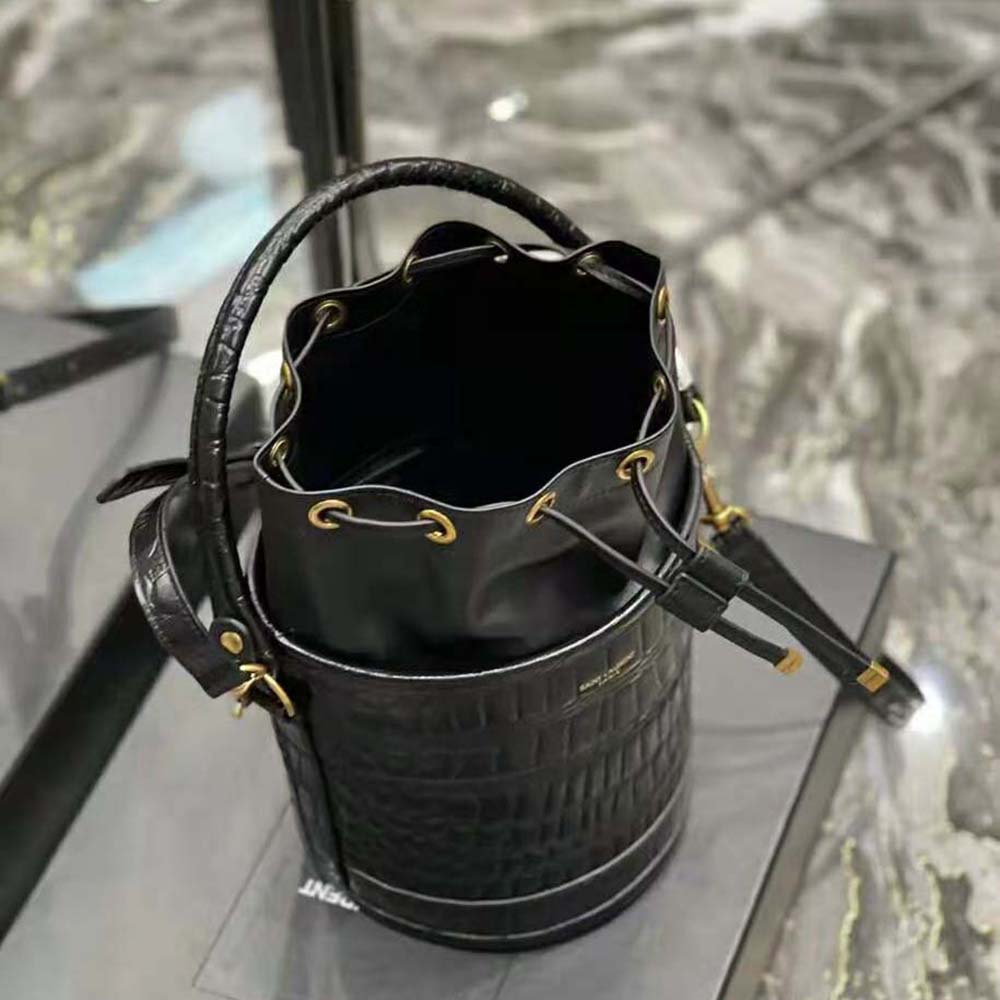 Saint Laurent YSL Women Bahia Small Bucket Bag in Crocodile-Embossed Lacquered Leather - image 7