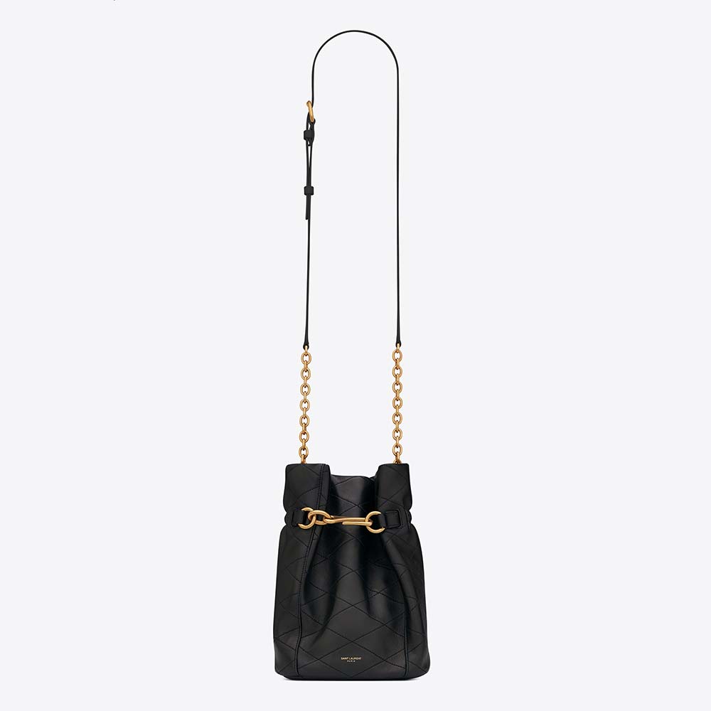 Front angle of Saint Laurent YSL Women Le Maillon Hook Bucket Bag in black leather
