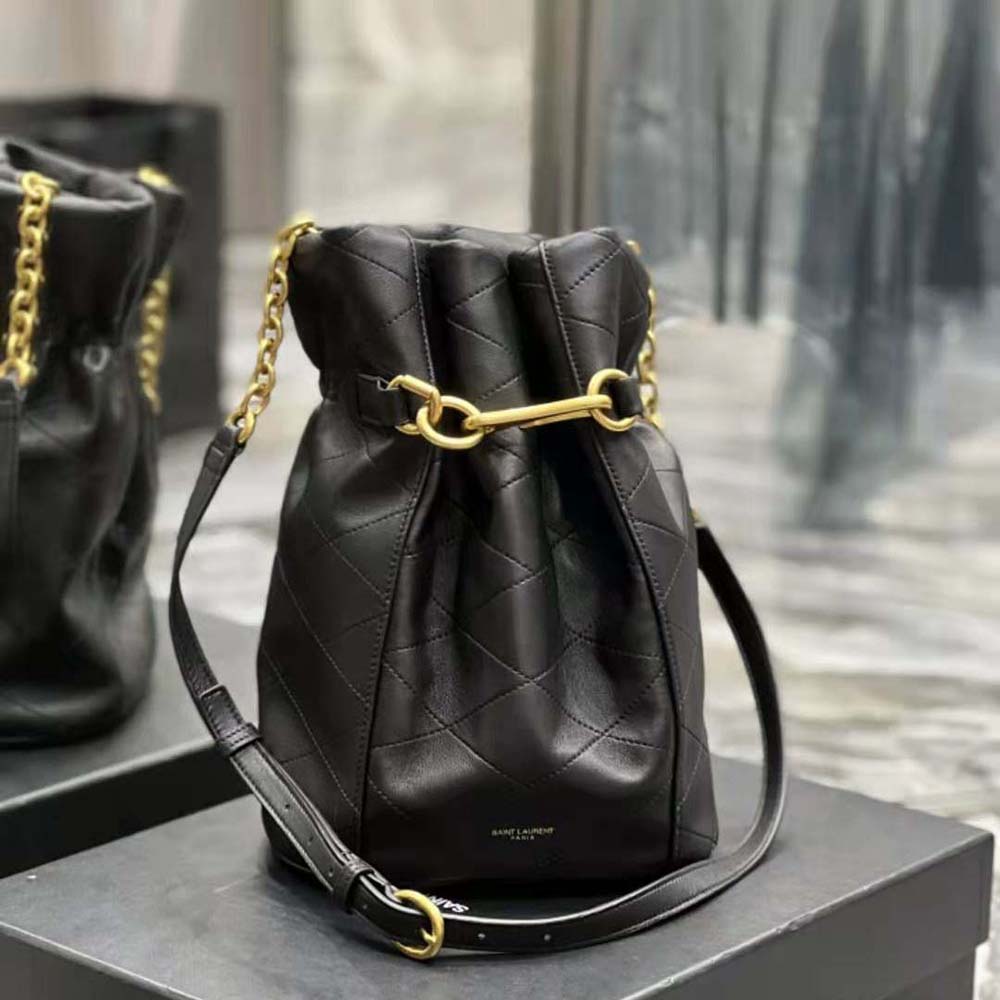 Side view showing the hook closure on Saint Laurent YSL Women Le Maillon Hook Bucket Bag