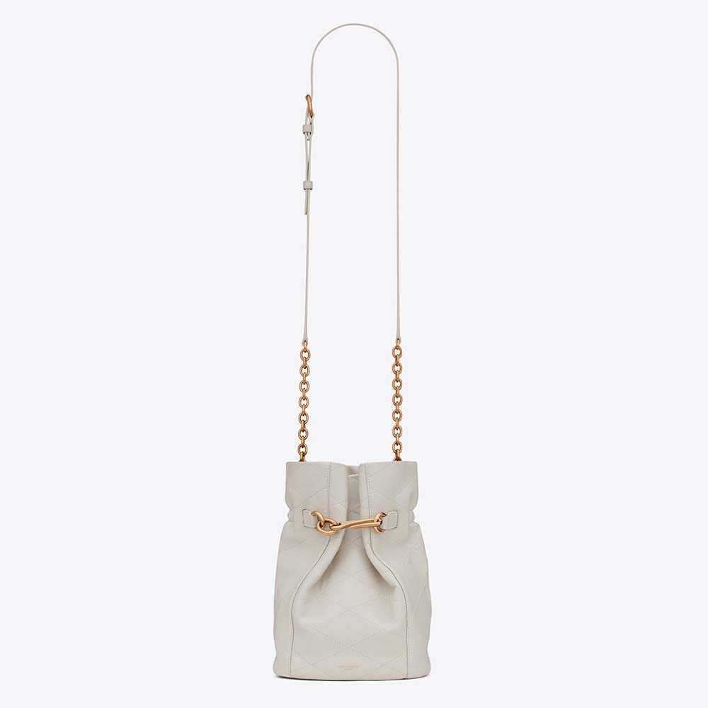 Front view of Saint Laurent YSL Women Le Maillon Hook Bucket Bag in white leather