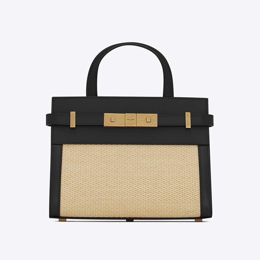 Front view of Saint Laurent YSL Manhattan Nano Shopping Bag in black raffia and leather