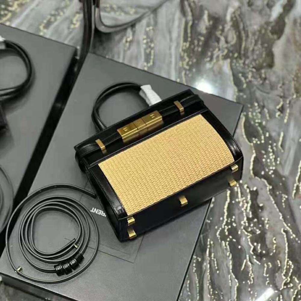 Saint Laurent YSL Women Manhattan Nano Shopping Bag in Raffia and Smooth Leather-Black - image 6