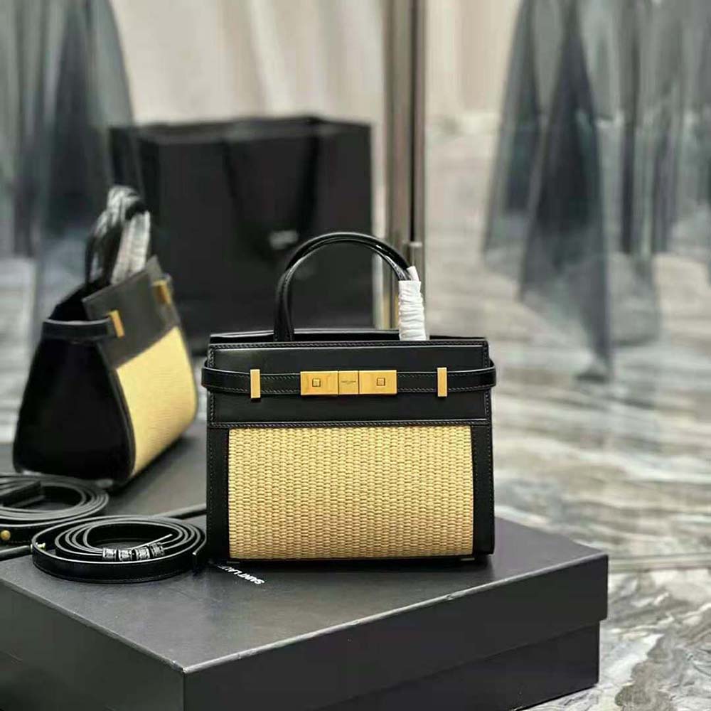 Close-up of gold-tone YSL logo and smooth leather trim on Manhattan Nano Shopping Bag