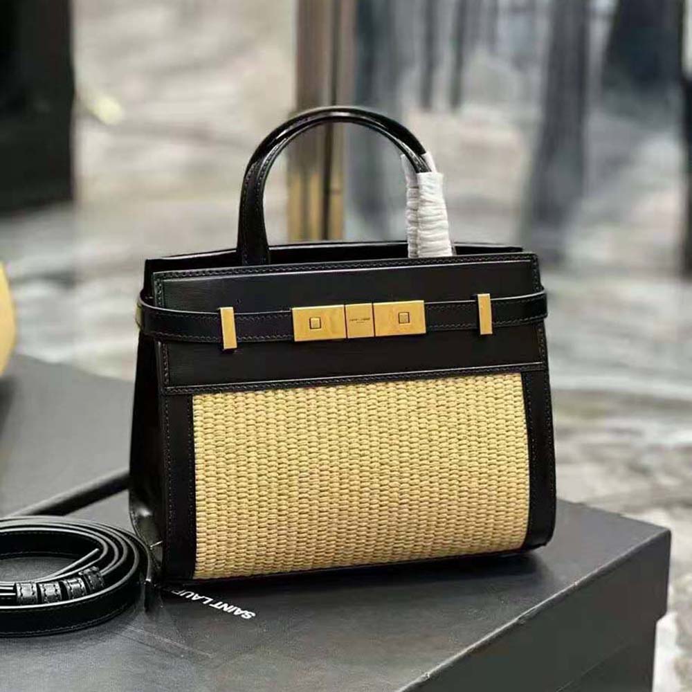 Side angle showing compact silhouette and raffia texture of Saint Laurent YSL Manhattan Nano Bag