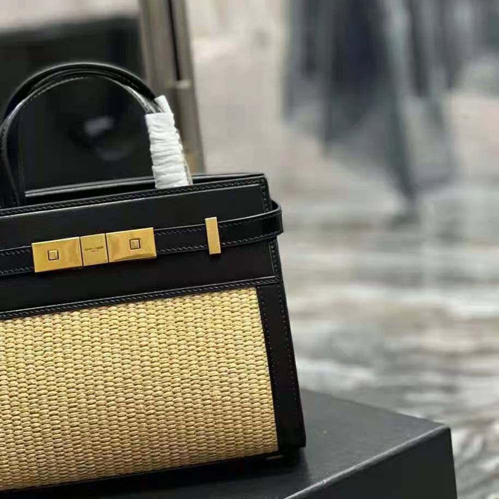 Saint Laurent YSL Women Manhattan Nano Shopping Bag in Raffia and Smooth Leather-Black - image 8