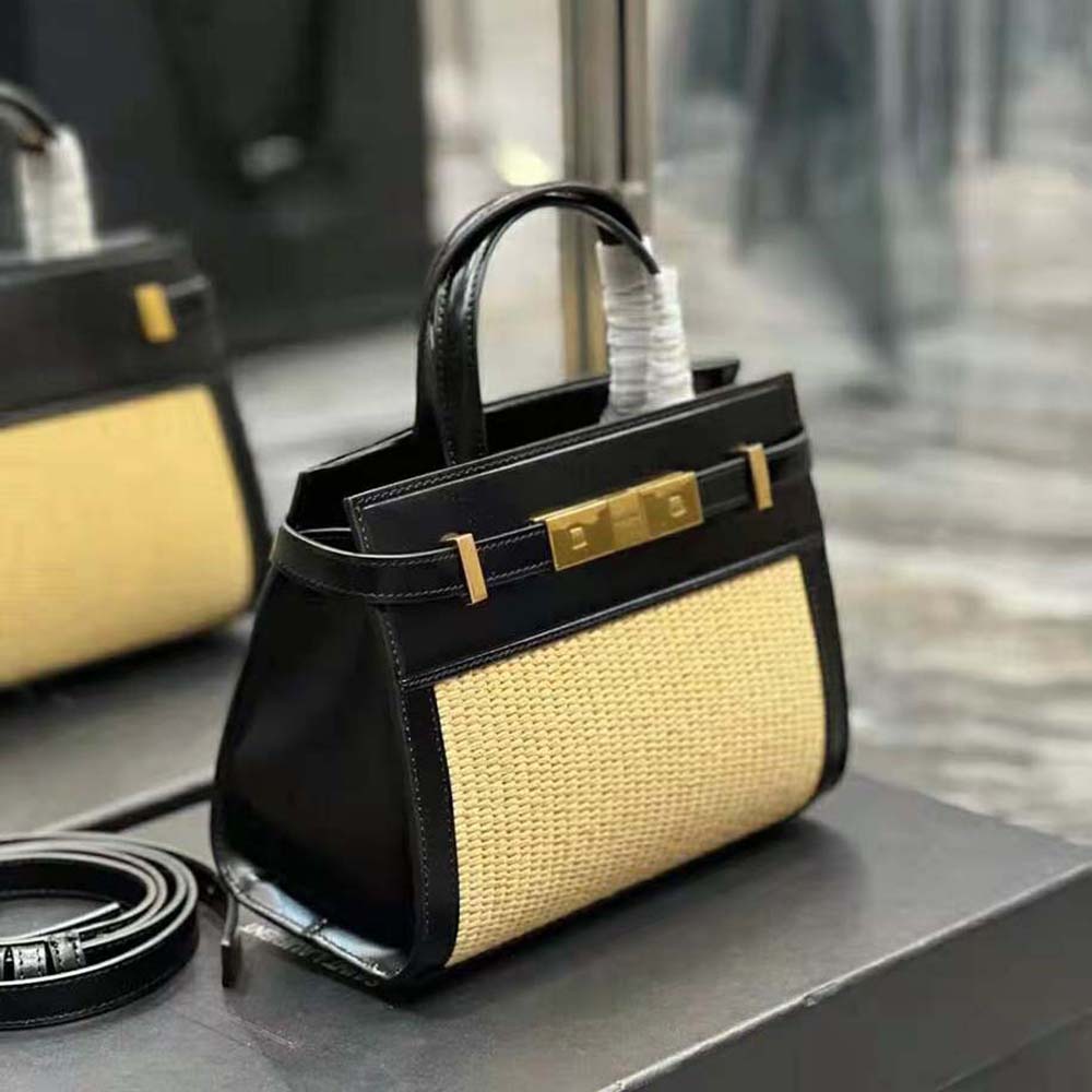 Saint Laurent YSL Women Manhattan Nano Shopping Bag in Raffia and Smooth Leather-Black - image 5