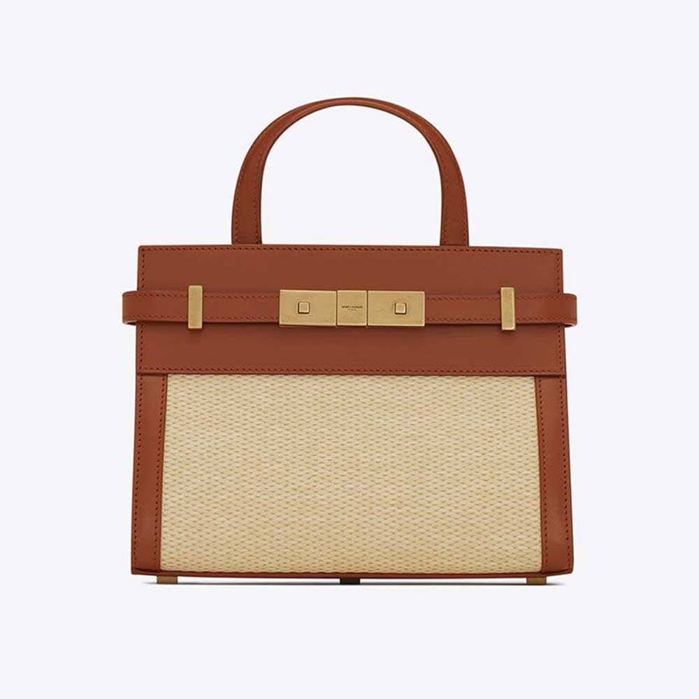 Front view of Saint Laurent YSL Manhattan Nano Shopping Bag in brown raffia and leather