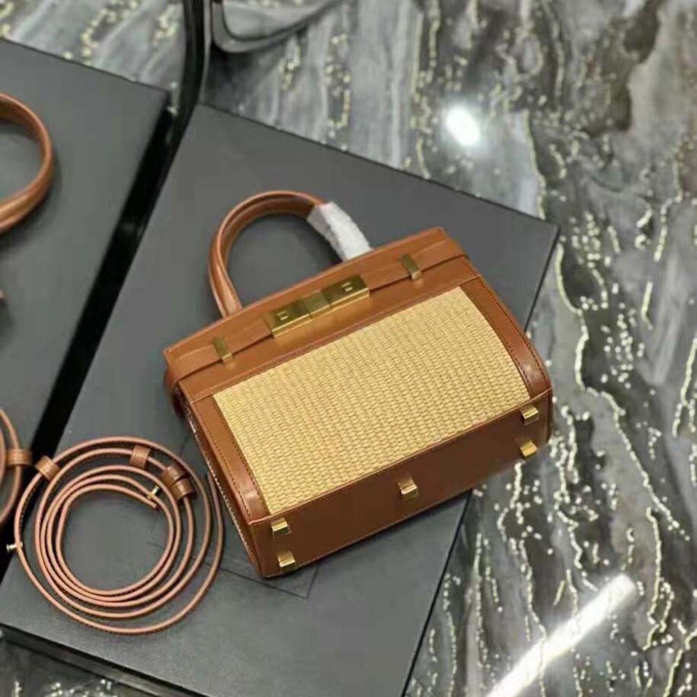 Saint Laurent YSL Women Manhattan Nano Shopping Bag in Raffia and Smooth Leather-Brown - image 6
