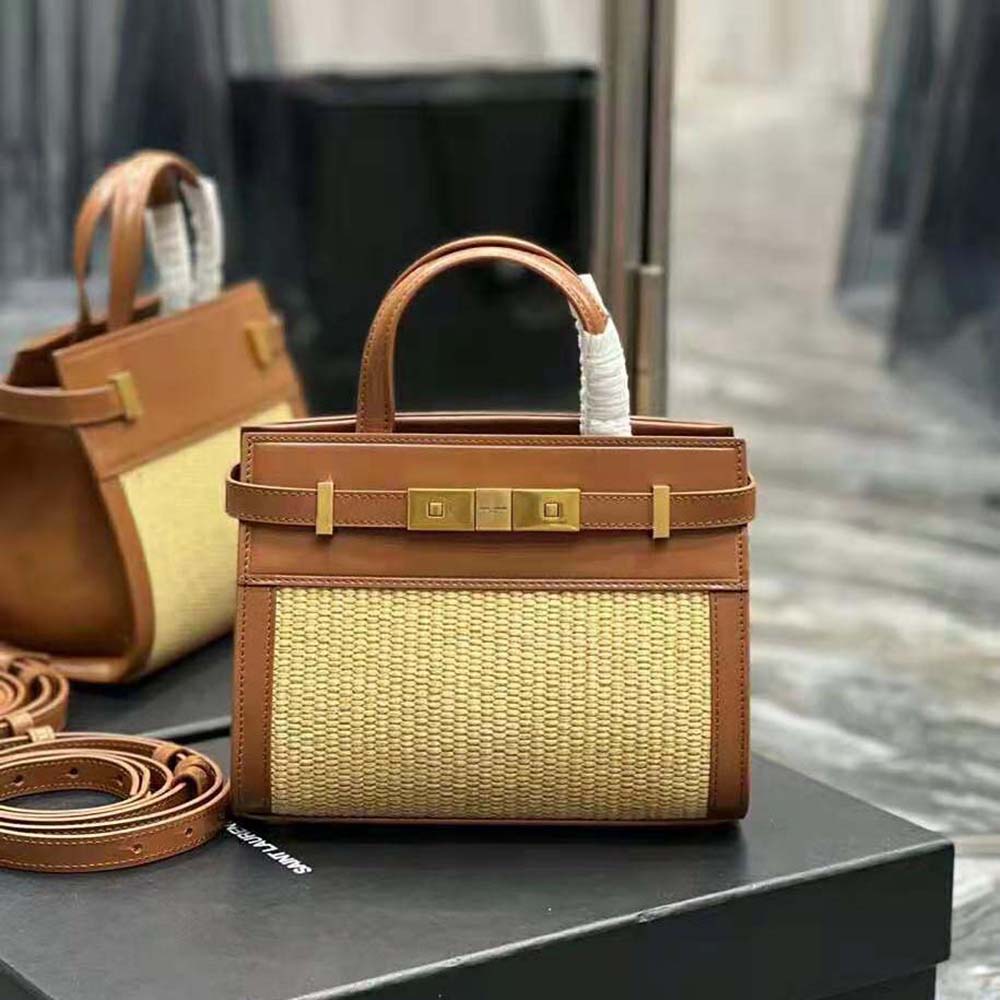 Side angle showing compact silhouette of Saint Laurent YSL Manhattan Nano Shopping Bag