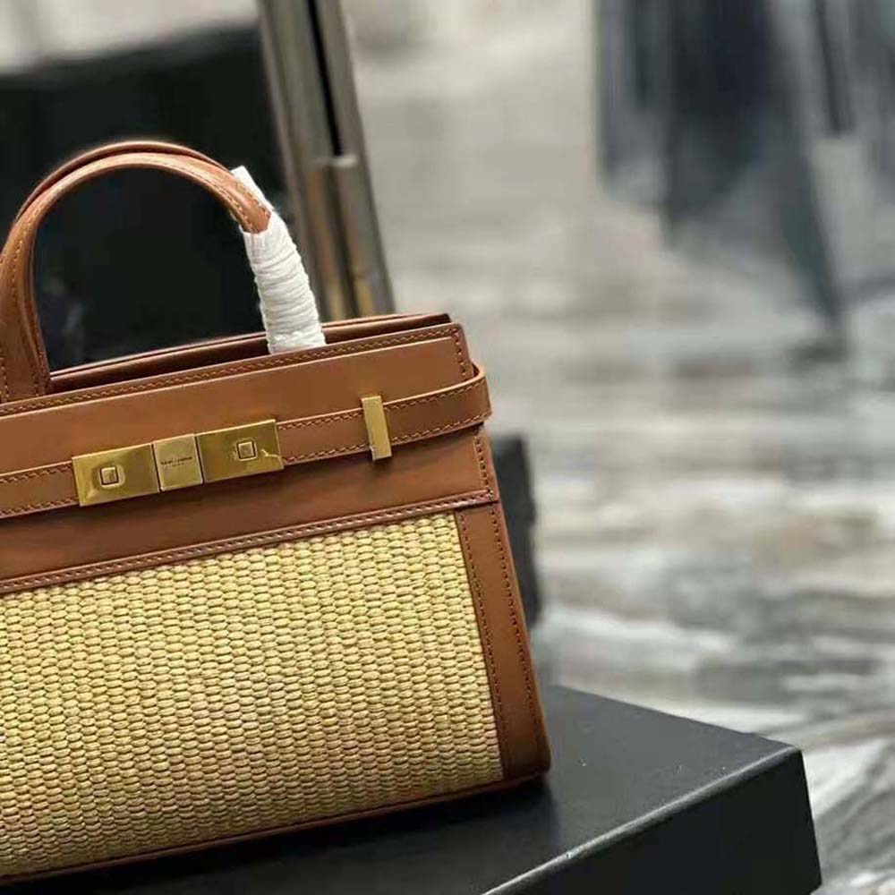 Saint Laurent YSL Women Manhattan Nano Shopping Bag in Raffia and Smooth Leather-Brown - image 8