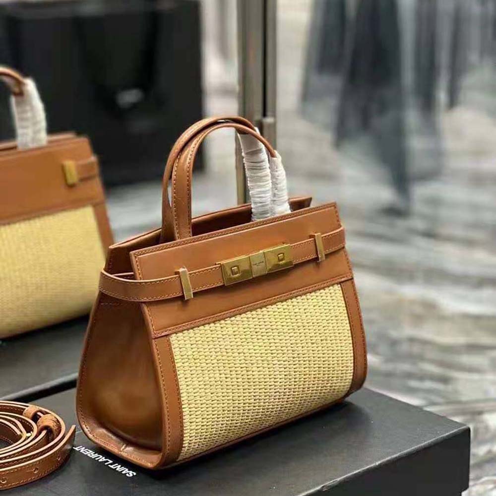 Saint Laurent YSL Women Manhattan Nano Shopping Bag in Raffia and Smooth Leather-Brown - image 5