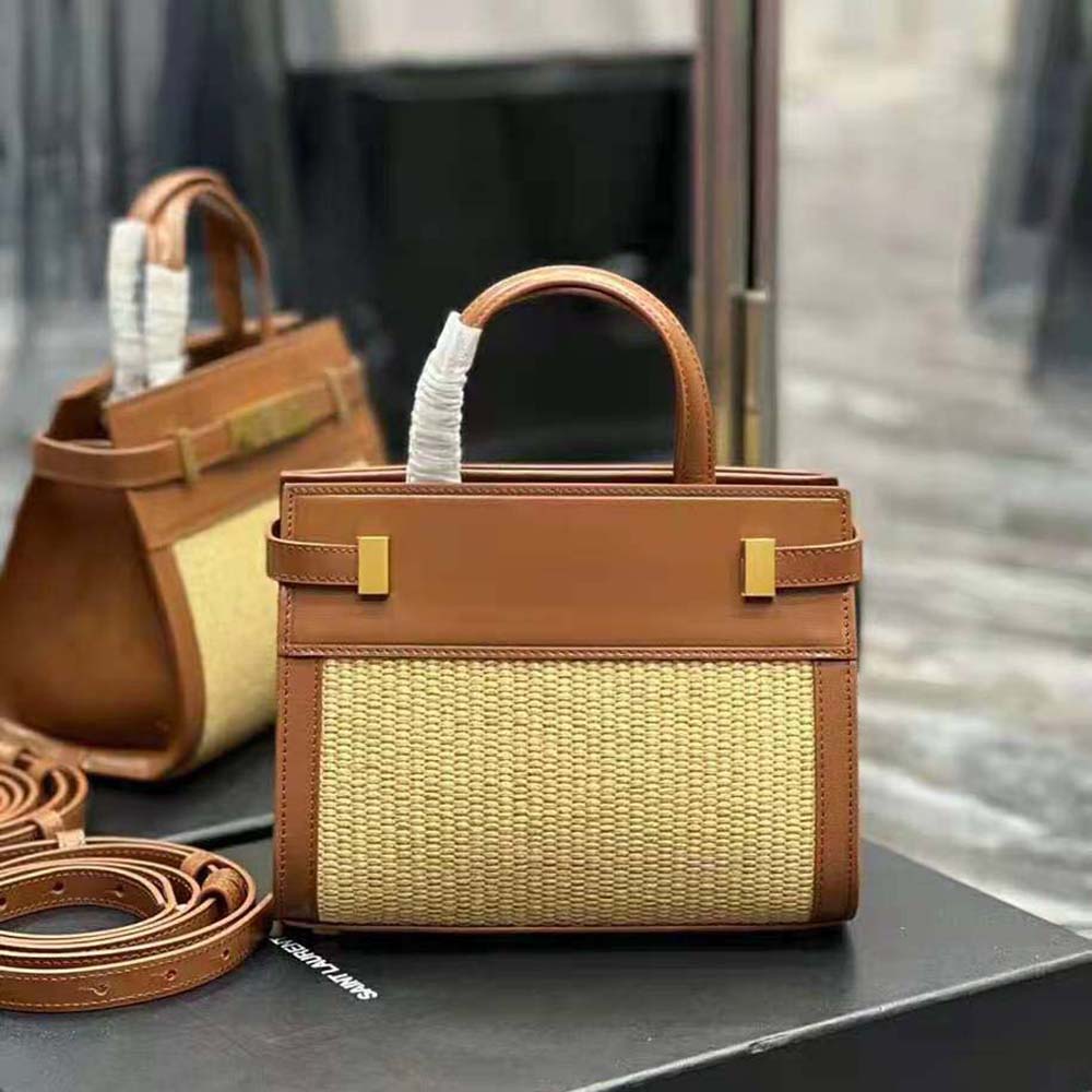Saint Laurent YSL Women Manhattan Nano Shopping Bag in Raffia and Smooth Leather-Brown - image 4