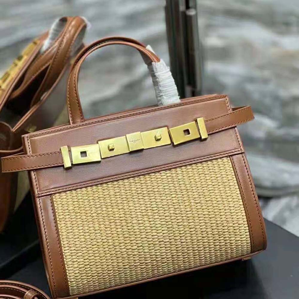 Saint Laurent YSL Women Manhattan Nano Shopping Bag in Raffia and Smooth Leather-Brown - image 9
