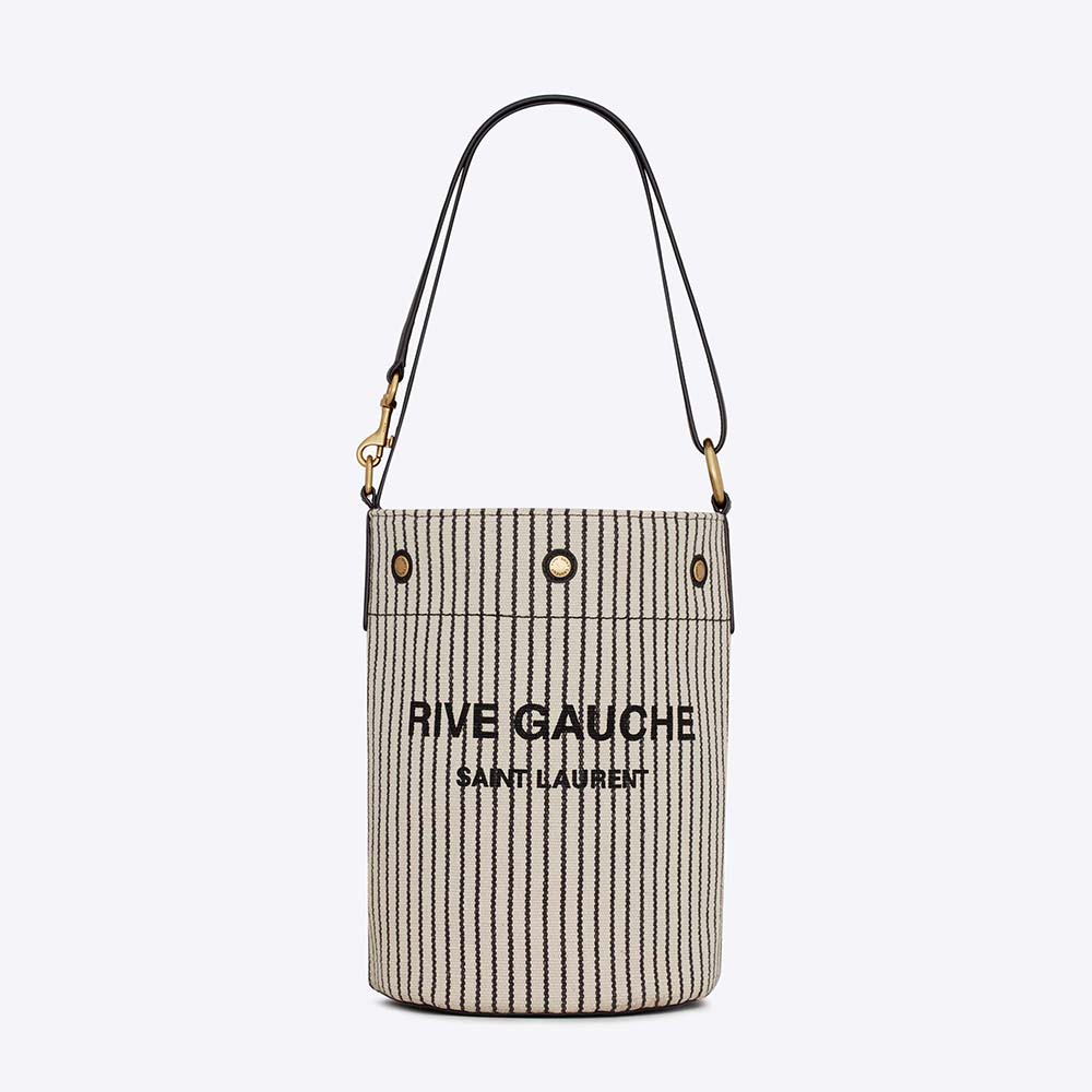 Front view of Saint Laurent YSL Women Rive Gauche Bucket Bag in striped canvas