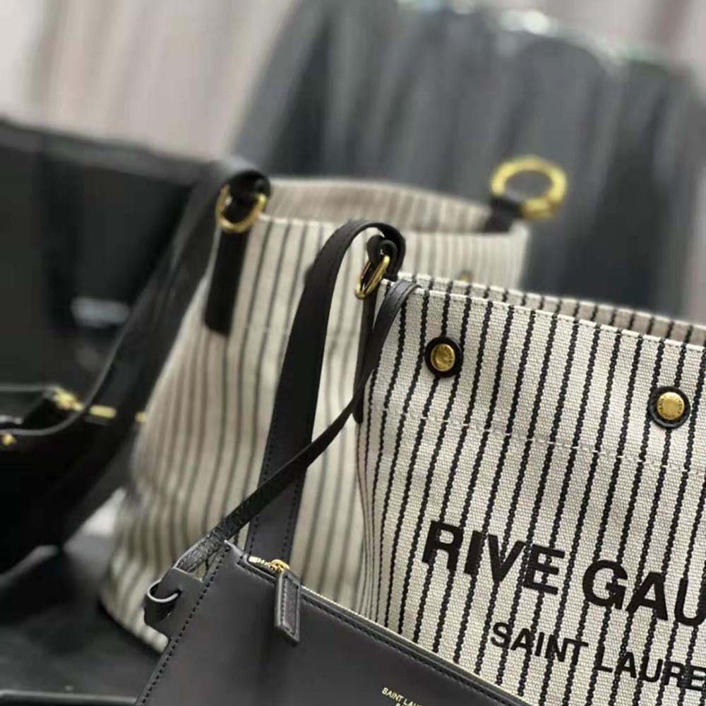 Saint Laurent YSL Women Rive Gauche Bucket Bag in Striped Canvas and Leather - image 9