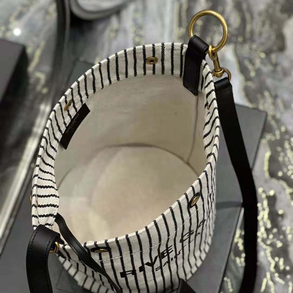 Saint Laurent YSL Women Rive Gauche Bucket Bag in Striped Canvas and Leather - image 8