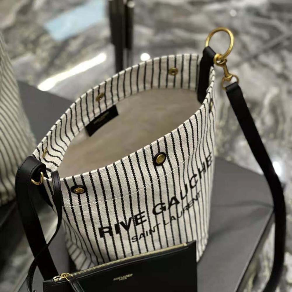 Saint Laurent YSL Women Rive Gauche Bucket Bag in Striped Canvas and Leather - image 7