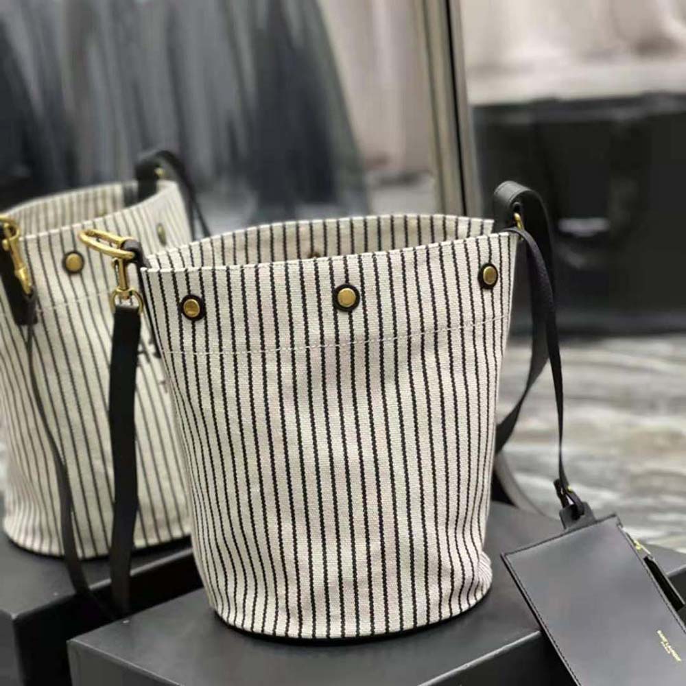Saint Laurent YSL Women Rive Gauche Bucket Bag in Striped Canvas and Leather - image 4