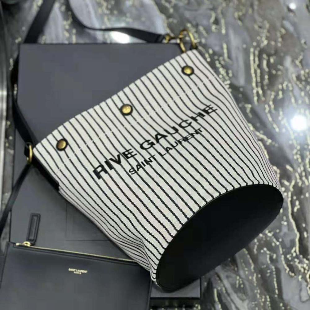 Saint Laurent YSL Women Rive Gauche Bucket Bag in Striped Canvas and Leather - image 5