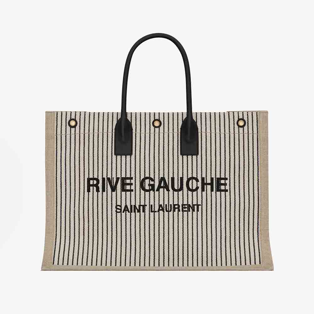 Front view of Saint Laurent YSL Women Rive Gauche Tote Bag in black linen and leather