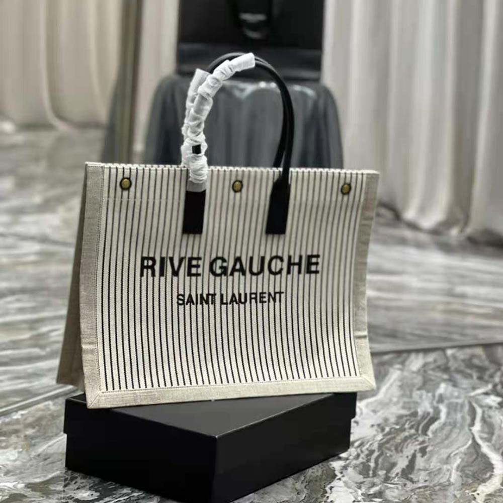 Saint Laurent YSL Women Rive Gauche Tote Bag in Linen and Smooth Leather - image 4