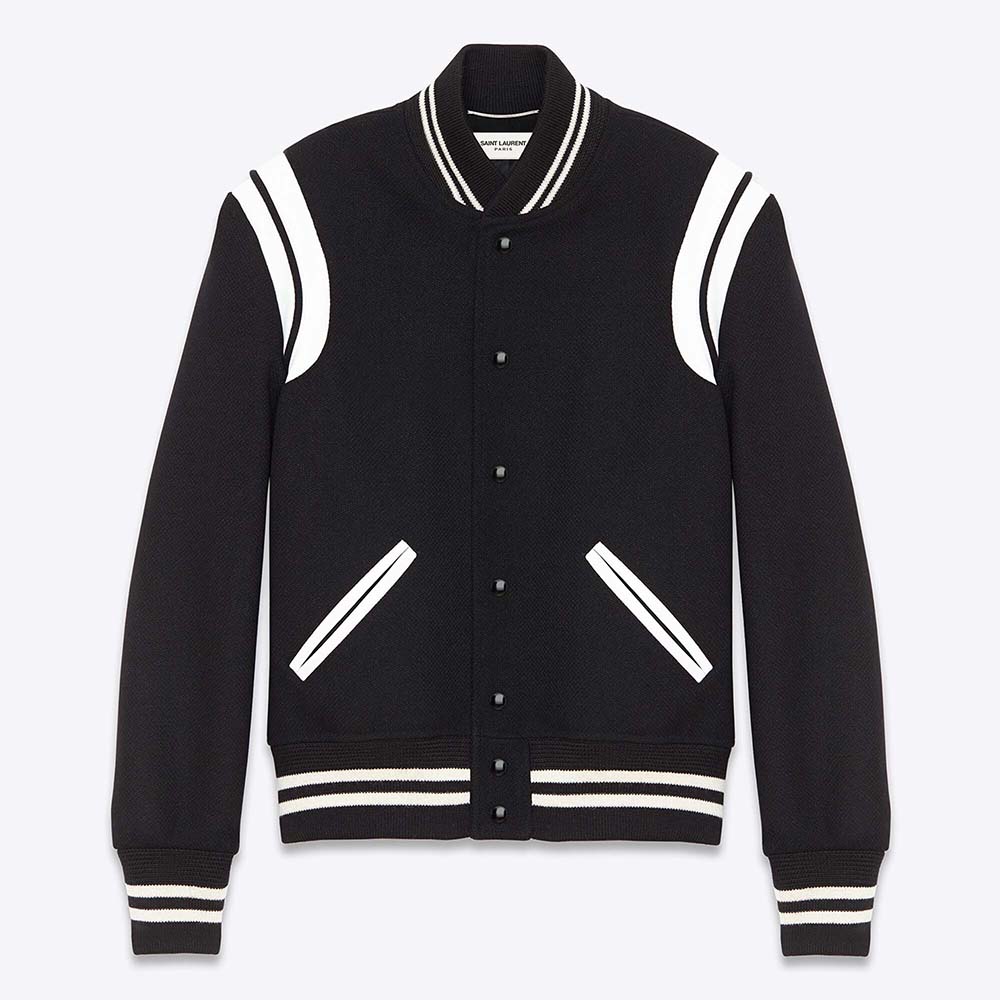 Front view of Saint Laurent Teddy Jacket in Wool-Black with YSL logo