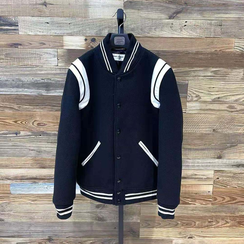 Close-up of Saint Laurent Teddy Jacket silver hardware and wool texture