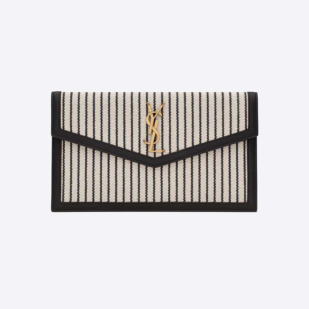 Front view of Saint Laurent YSL Women Uptown Pouch in Black leather and canvas