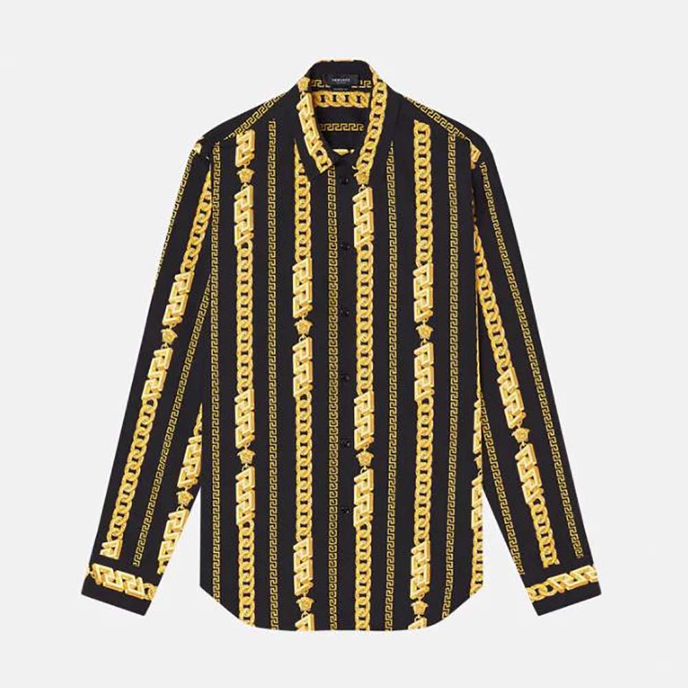 Front view of Versace Women Chain Pinstripe Shirt Features a Classic Silhouette-Black in yellow