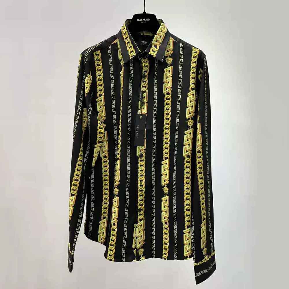 Close-up of gold chain detail on Versace Women Chain Pinstripe Shirt