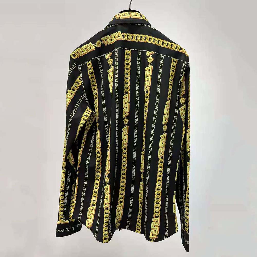 Side angle showing tailored fit of Versace Women Chain Pinstripe Shirt Features a Classic Silhouette-Black