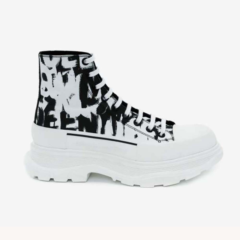 Side profile of Alexander Mcqueen Unisex McQueen Graffiti Tread Slick Boot in White
