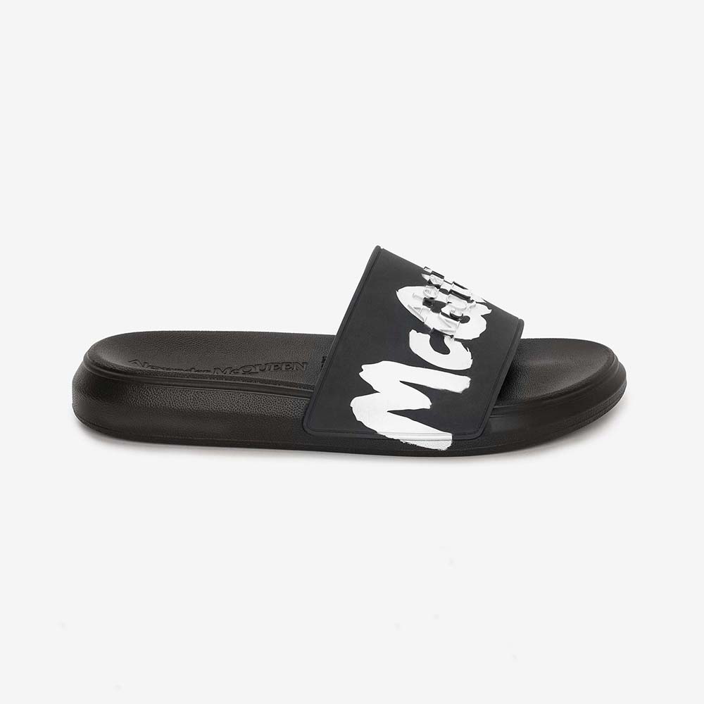 Side view of Alexander Mcqueen Unisex Mcqueen Graffiti Rubber Pool Slide black white