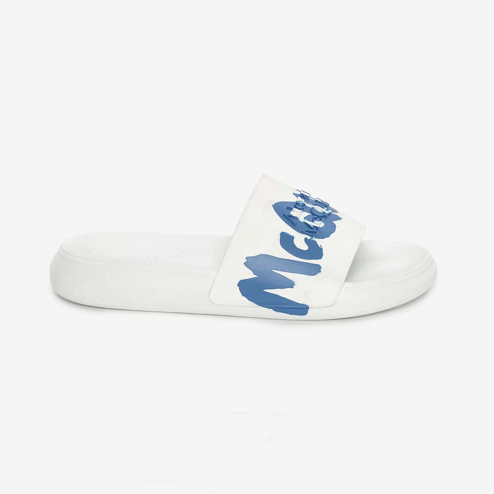 Front angle of Alexander Mcqueen Unisex Mcqueen Graffiti Rubber Pool Slide in White