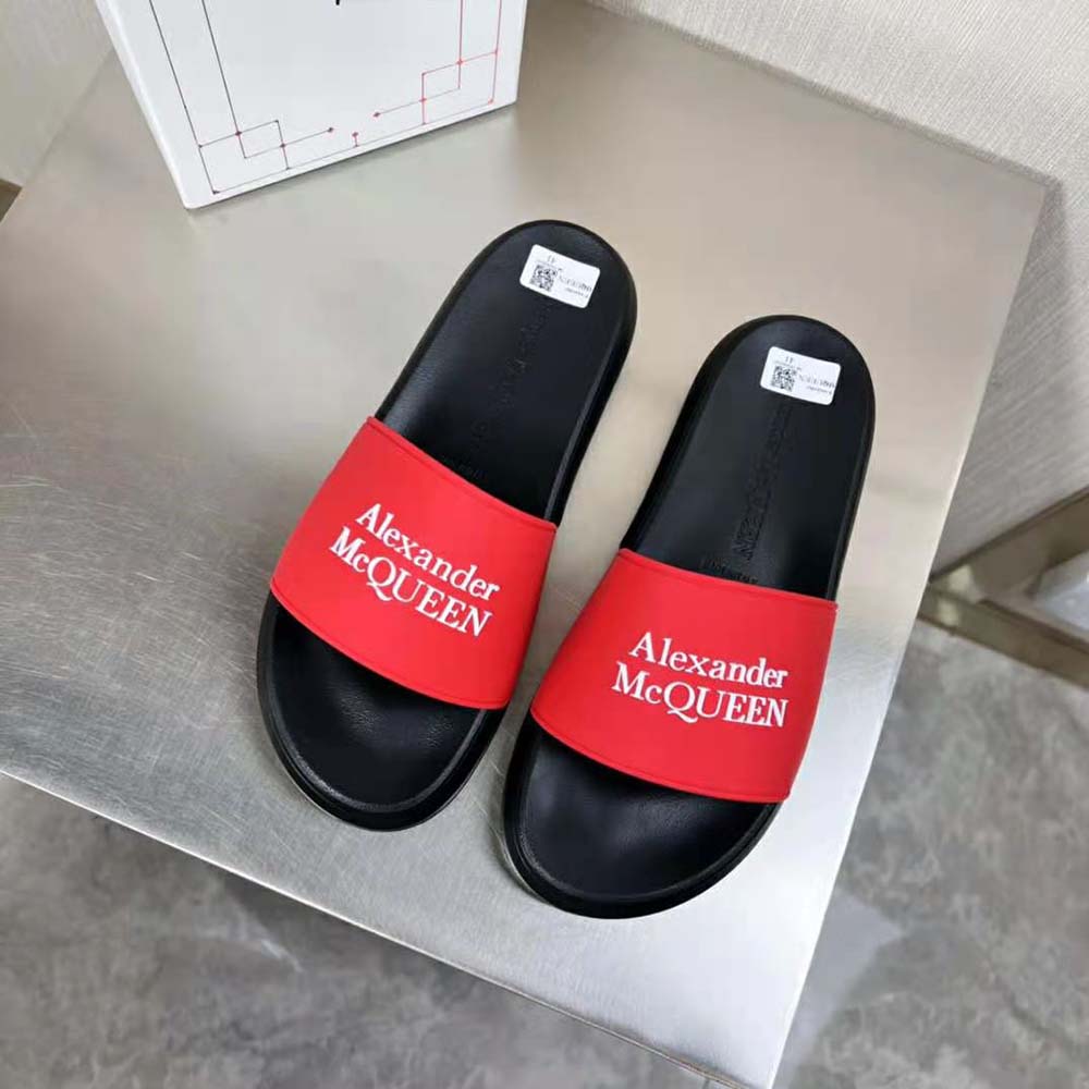 Close-up of oversized sole and white detailing on Alexander Mcqueen Pool Slide