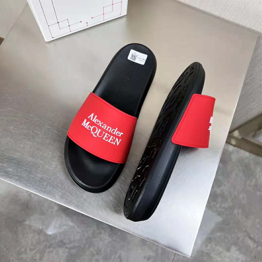 Top-down angle showing footbed texture of Alexander Mcqueen Lust Red/White slide