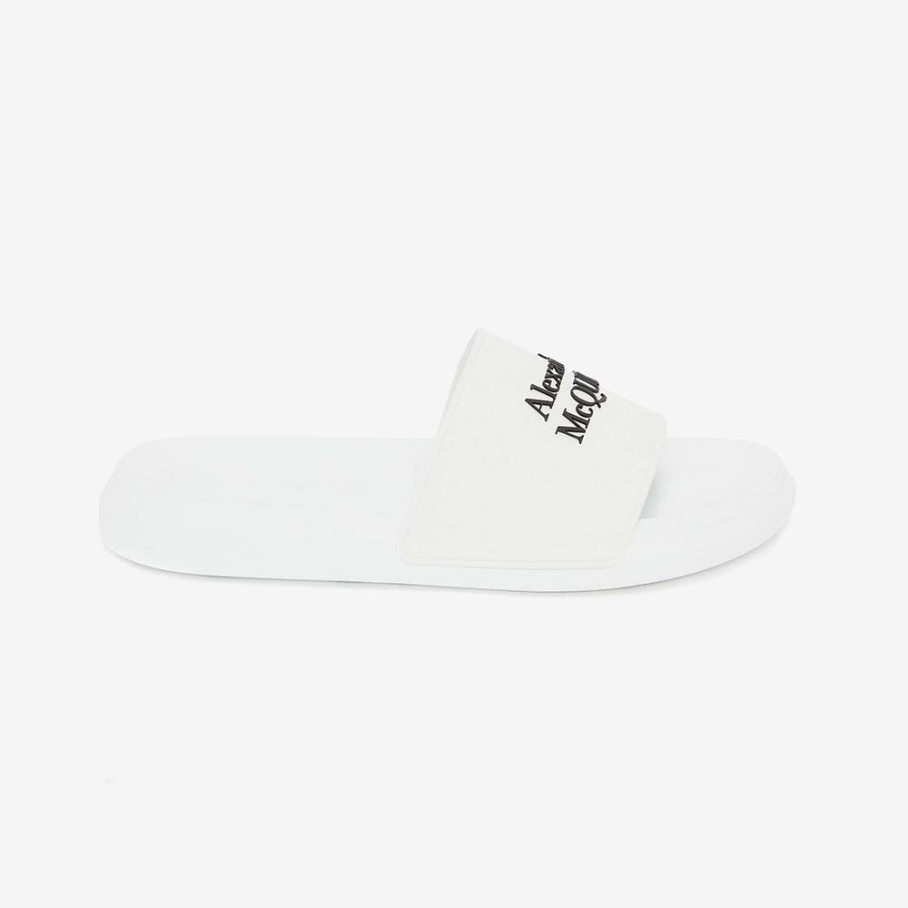 Side angle of Alexander Mcqueen Unisex Pool Slide in white with black logo
