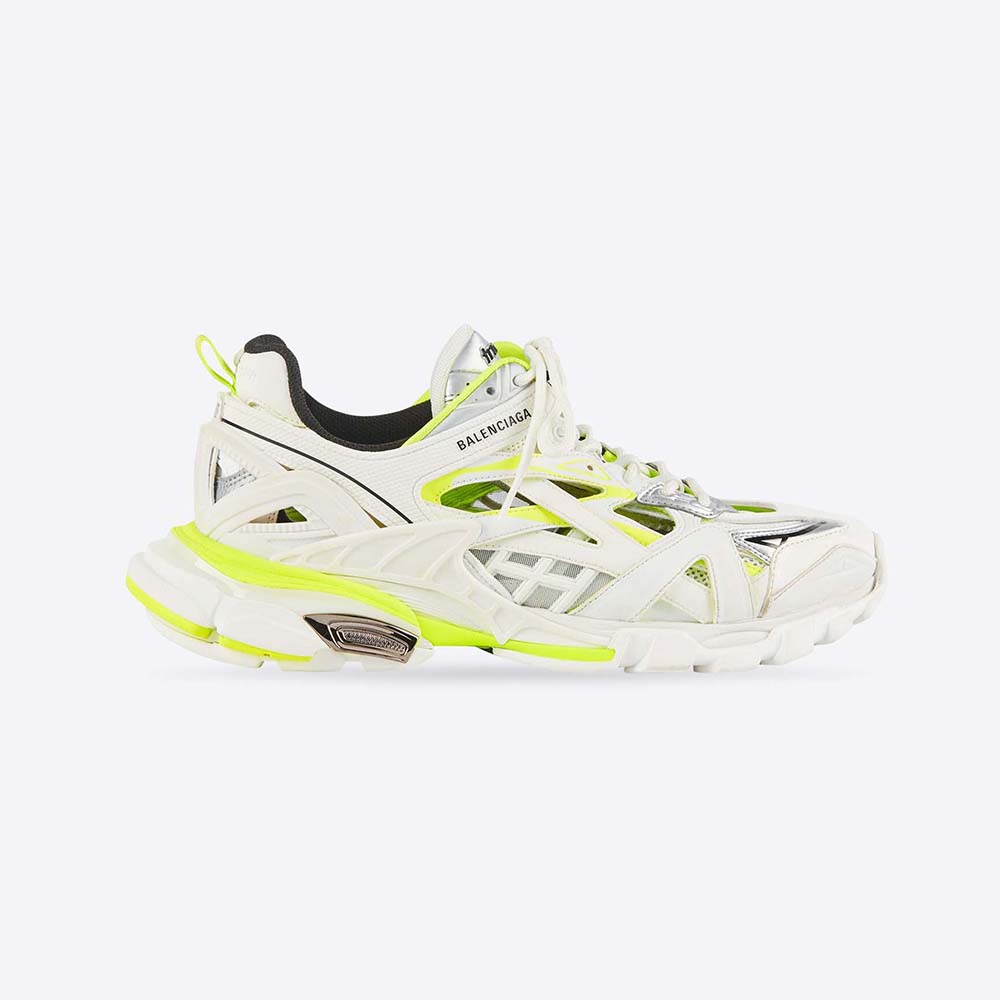 Side angle of Balenciaga Men Track.2 Sneaker in white and neon yellow