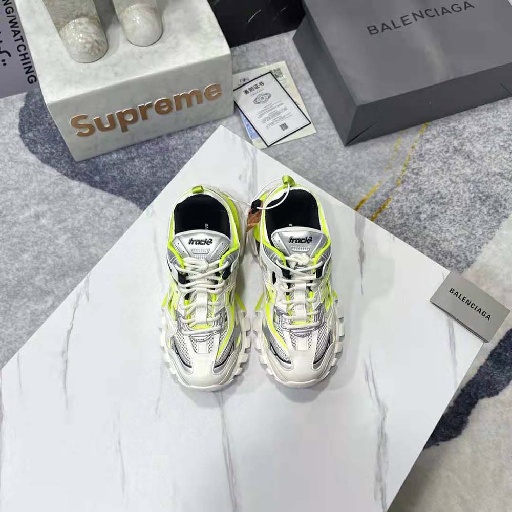 Close-up of neon yellow neoprene detail on Balenciaga Men Track.2 Sneaker