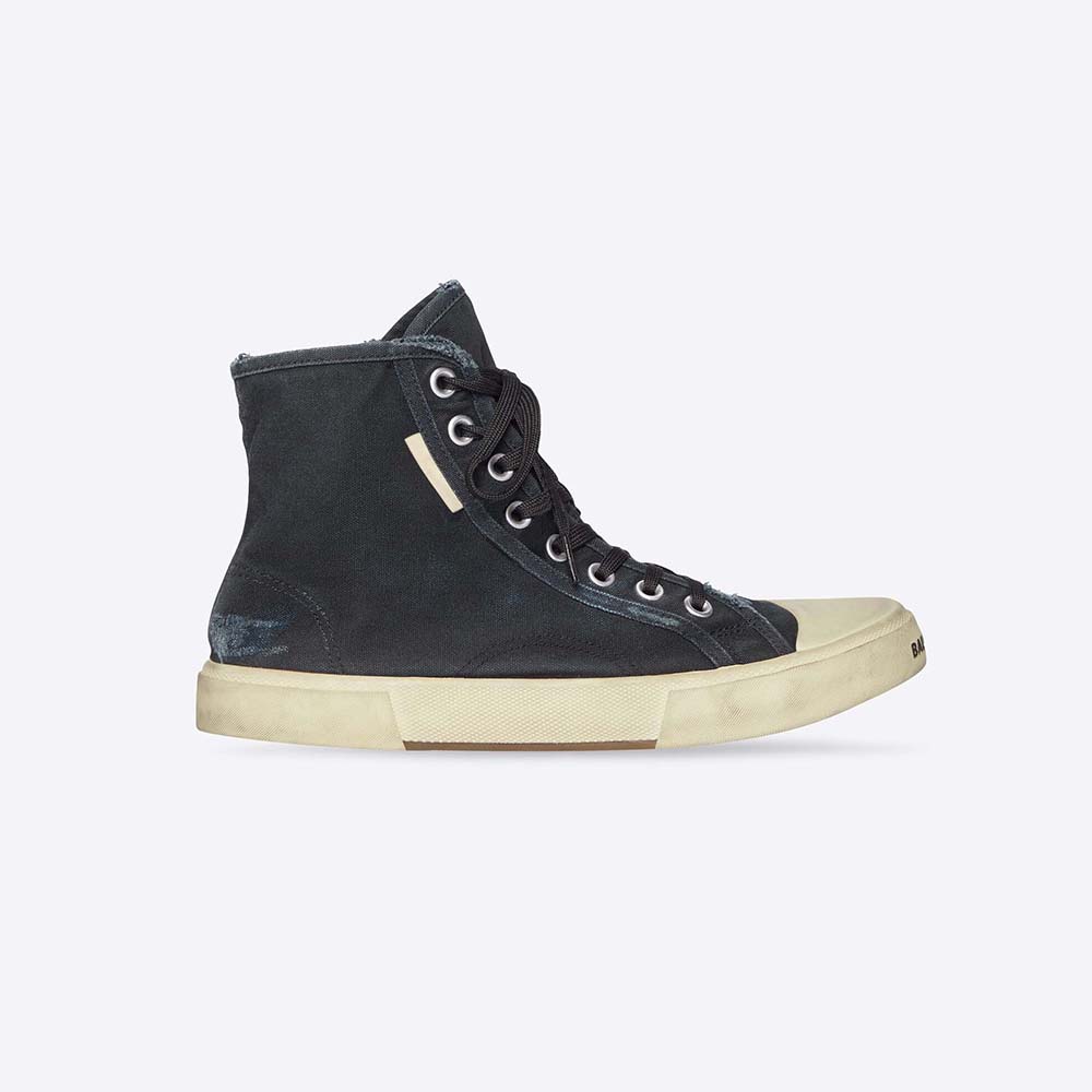 Side view of Balenciaga Unisex Paris High Top Sneaker in black cotton