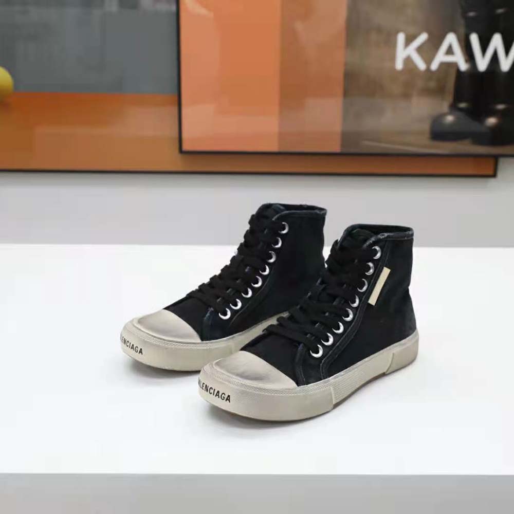 Balenciaga Unisex Paris High Top Sneaker in Black Destroyed Cotton and White Rubber - image 4