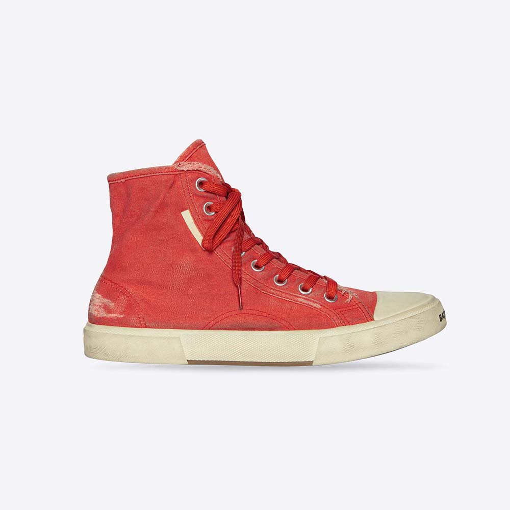 Side view of Balenciaga Unisex Paris High Top Sneaker in red destroyed cotton