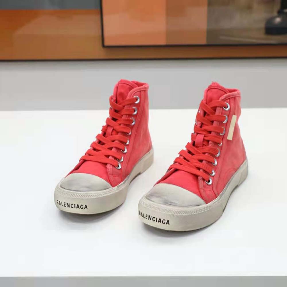 Balenciaga Unisex Paris High Top Sneaker in Red Destroyed Cotton and White Rubber - image 4