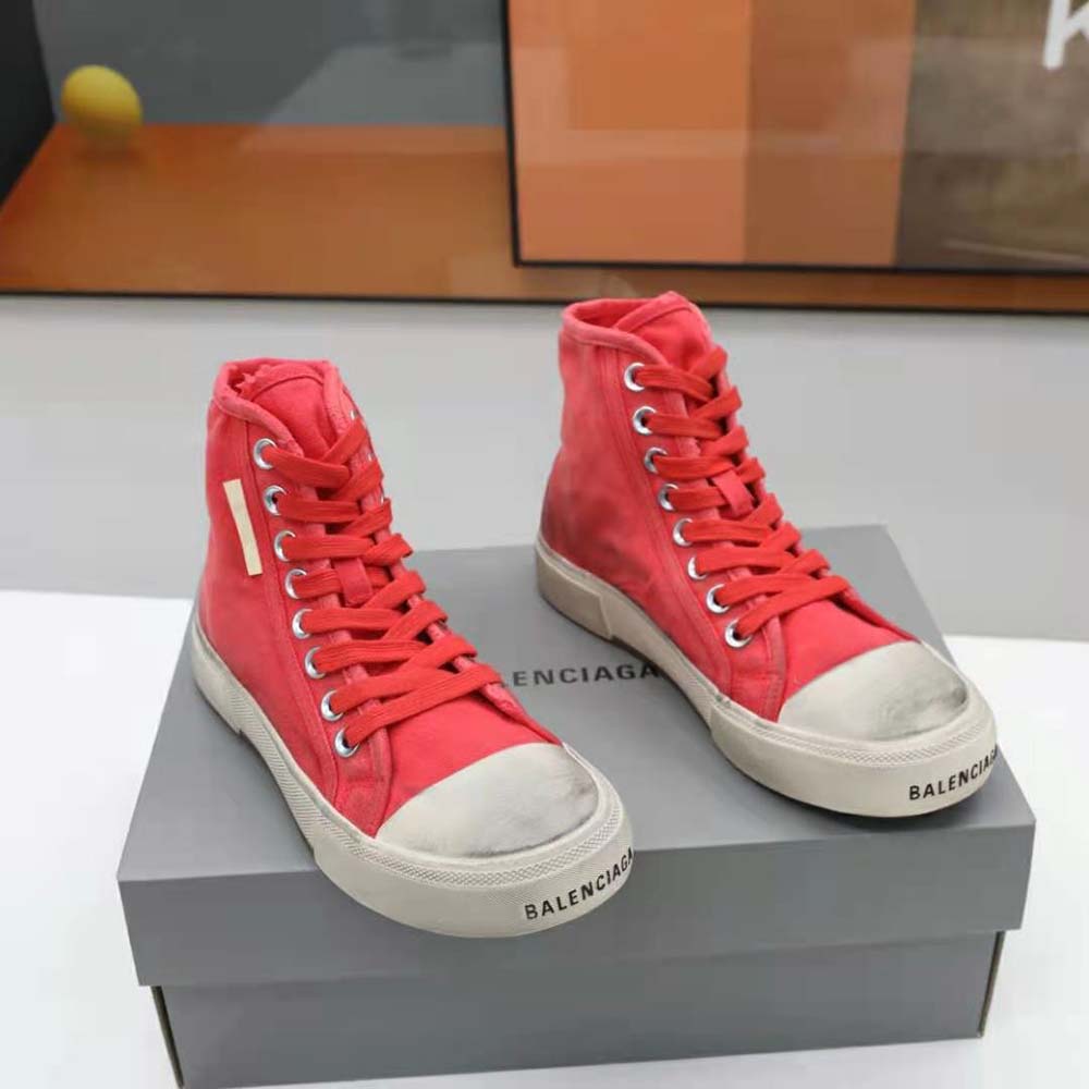Balenciaga Unisex Paris High Top Sneaker in Red Destroyed Cotton and White Rubber - image 5