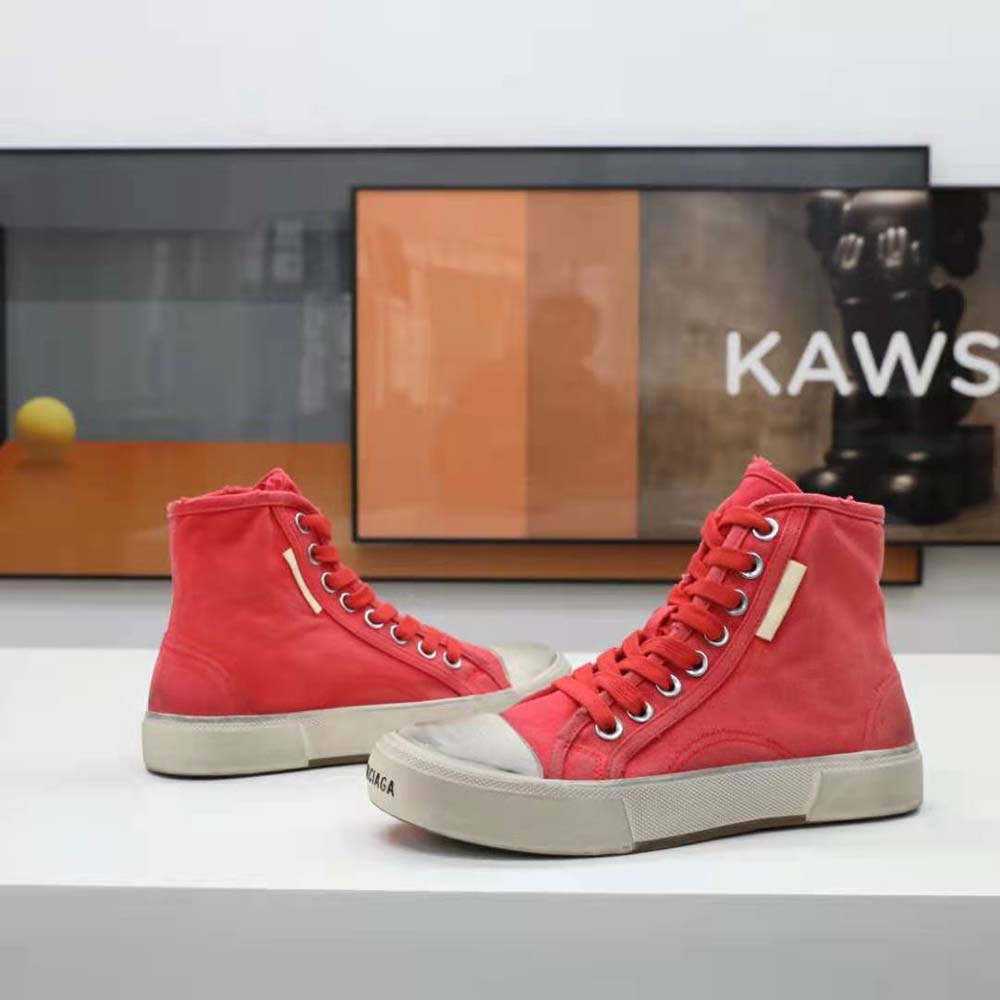 Balenciaga Unisex Paris High Top Sneaker in Red Destroyed Cotton and White Rubber - image 6