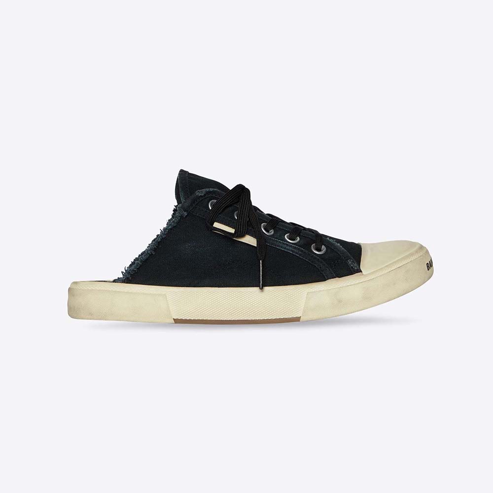 Side view of Balenciaga Unisex Paris Sneaker Mule in black destroyed cotton