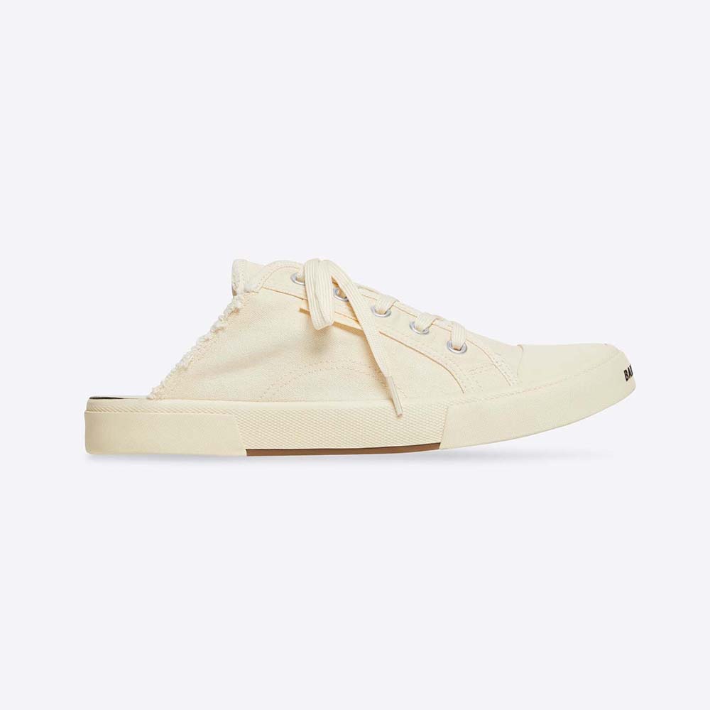 Side view of Balenciaga Unisex Paris Sneaker Mule in white distressed cotton