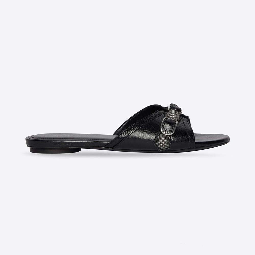 Side profile of Balenciaga Women Cagole Sandal in black arena lambskin
