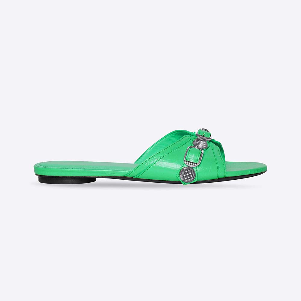 Side angle of Balenciaga Women Cagole Sandal in bright green lambskin