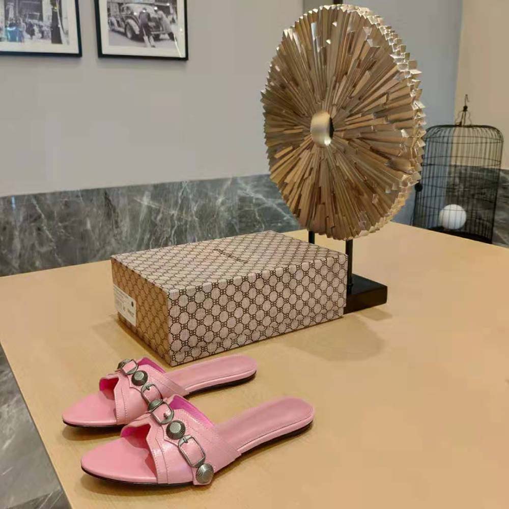 Close-up of pink lambskin and silver buckle on Balenciaga Cagole Sandal